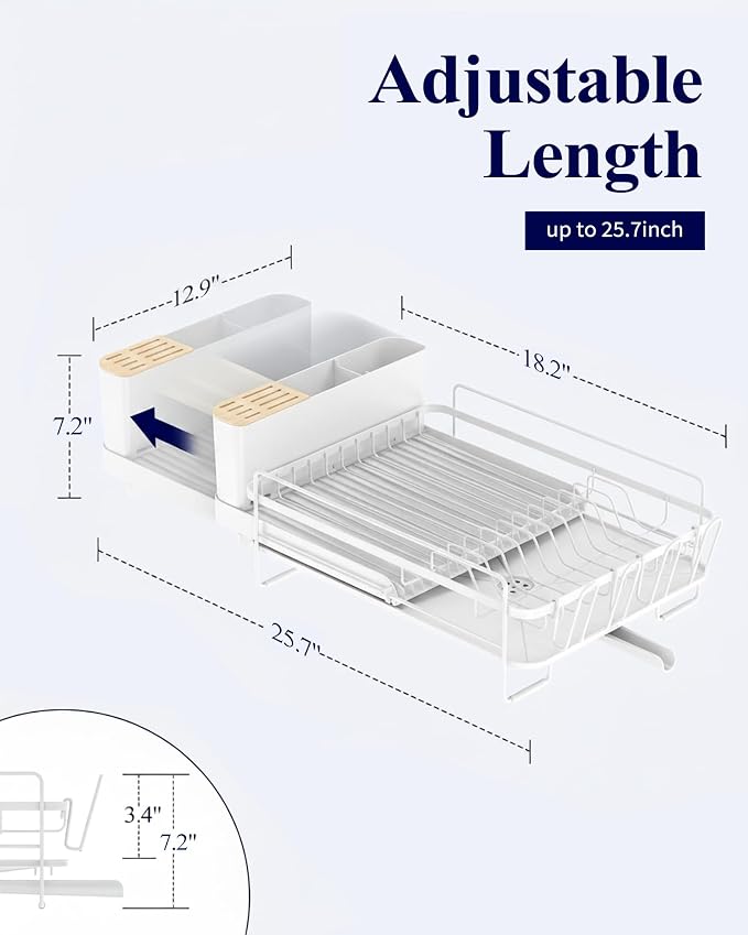 Kitsure Extendable Large Dish Drying Rack, 18.2"-25.7" L x 12.9" W, Cup Holders - Image 2