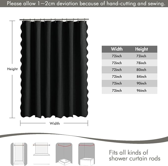 MIULEE 72"x90" Extra Long Scalloped Linen Shower Curtain Black - Image 6