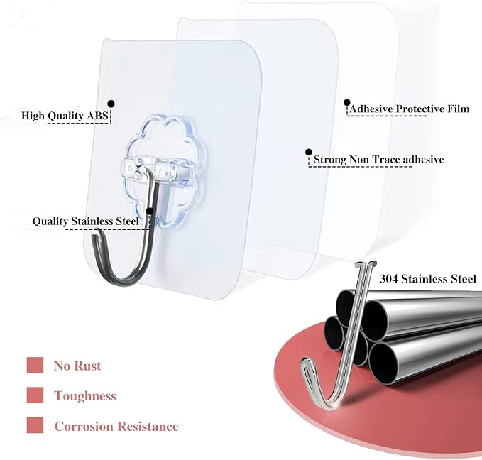 DDMY Adhesive Wall Hooks Clear 50lb Heavy Duty Hanging Sticky-10 Pack | Heavy - Image 6