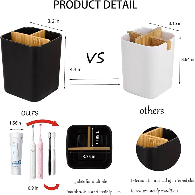 Bamboo Toothbrush Holder for Bathrooms Toothpaste Organizer, 2 Pack, 3 Slots - Image 3