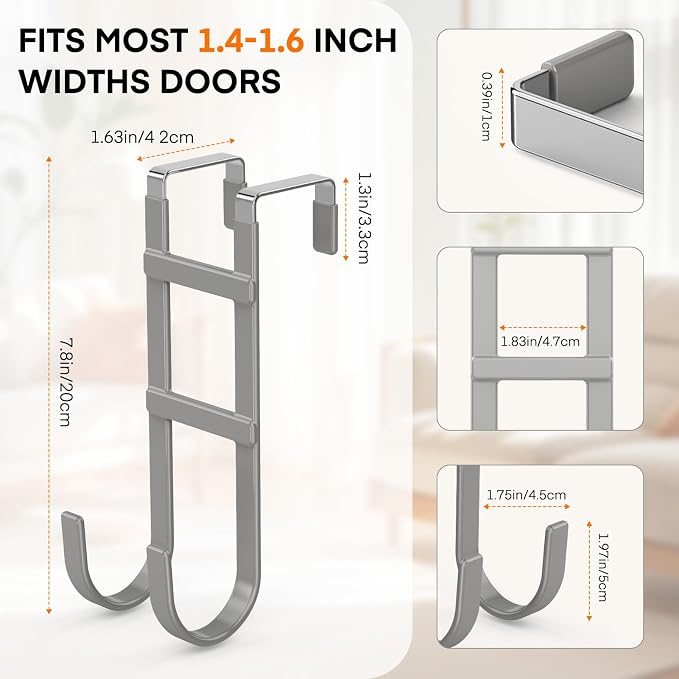 FYY Over the Door Hooks, Double-Hanger 4 Pack, Fits Doors 1.6" Grey | Heavy - Image 2