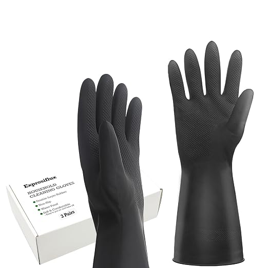 Heavy-Duty Thick Black Rubber Cleaning Gloves, 3 Pairs, XL | Reusable & - Image 7