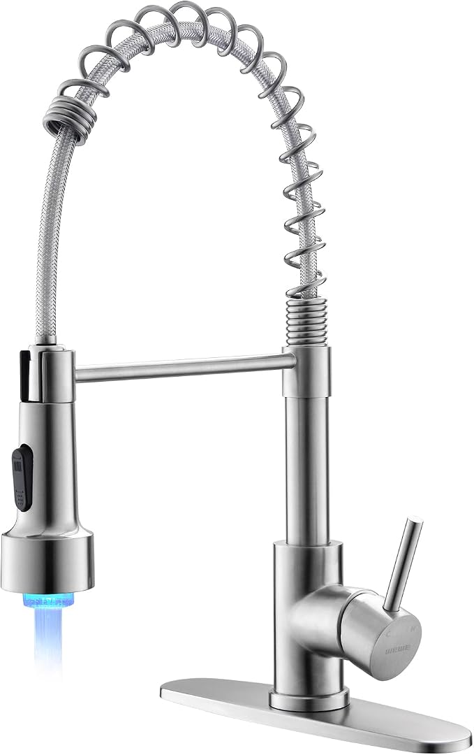 WEWE LED Kitchen Faucet, 2-Mode Sprayer, Brushed Nickel, Pull-Down | 17-Inch by WEWE