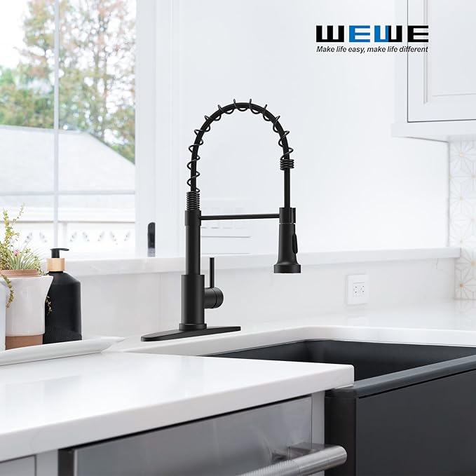 WEWE Pull-Down Kitchen Faucet, 2-Mode Sprayer, Matte Black, High Arc | 17-Inch - Image 2