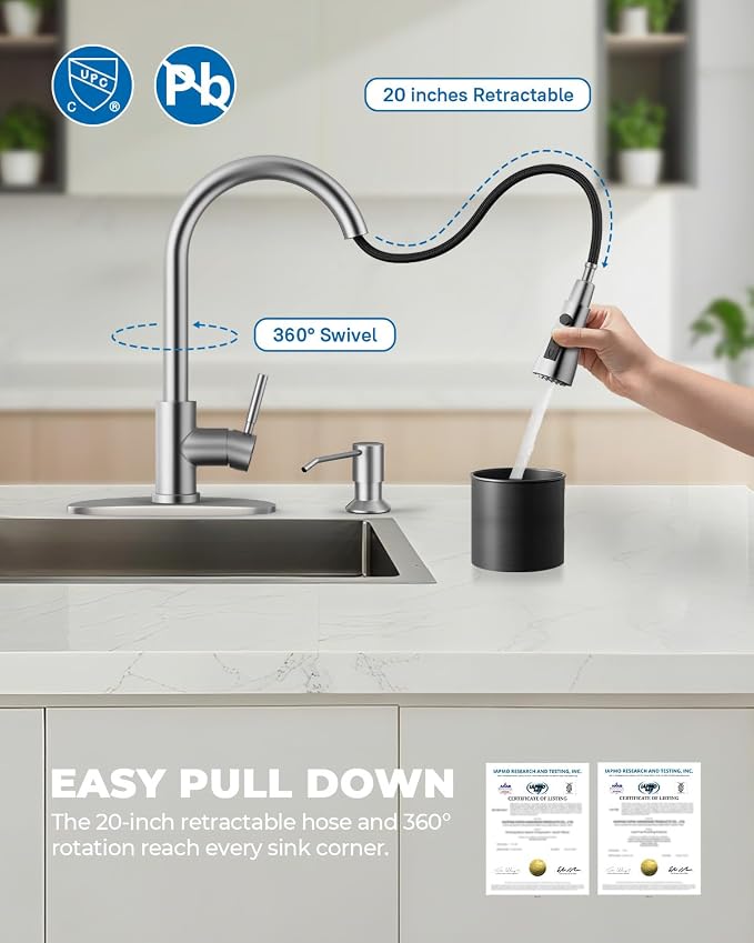 WEWE Kitchen Faucet with Soap Dispenser Set, Brushed Nickel | 3-Mode Sprayer - Image 6