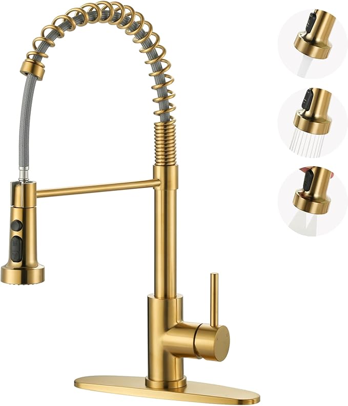 Kitchen Faucets with Pull Down Sprayer: Brushed Gold 3-Function Kitchen Sink by ARCORA