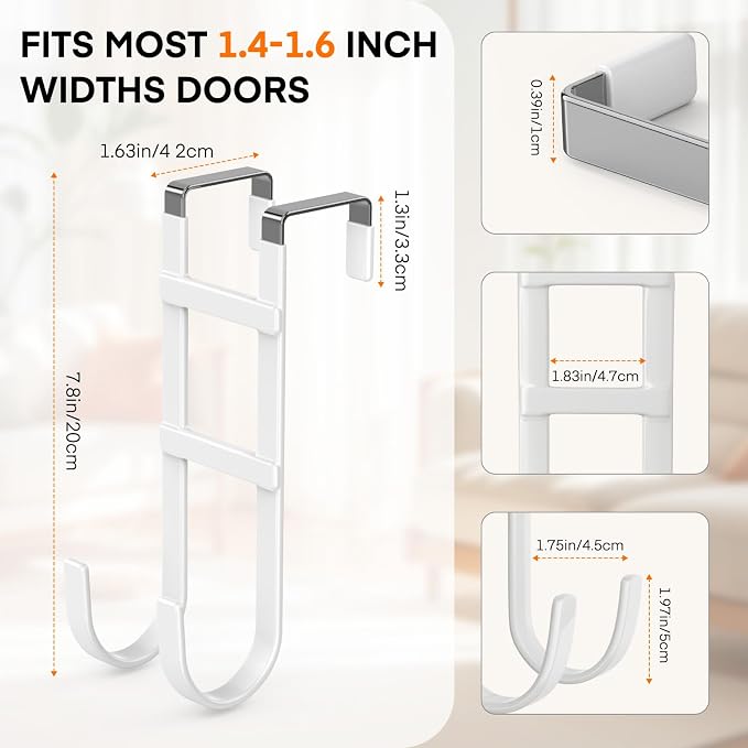 FYY Over the Door Hooks, Double-Hanger 4 Pack, Fits Doors 1.6" White | Heavy - Image 2