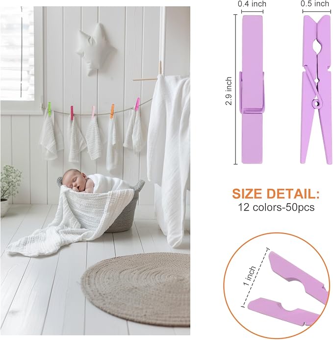 WAENLIR Colored Clothes pins 12 Color 2.9inch 50PCS, Colorful ClothesPins - Image 4