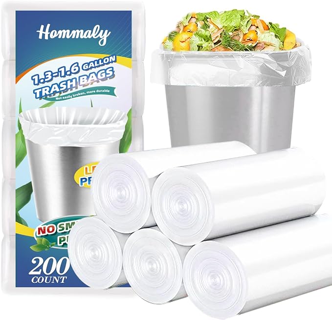 Hommaly 1.5 Gallon 200 pcs Small Clear Trash Bags, Strong 1.3 Gallon 1.6 gallon by HOMMALY