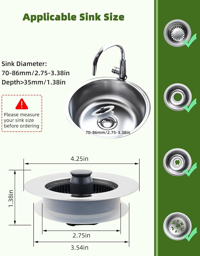 Universal 2PCS Kitchen Sink Strainer Stopper Combo, 3 in 1 Pop Up - Image 6