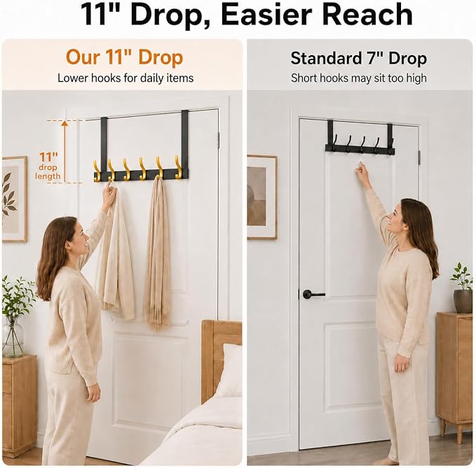 Peasulin Over The Door Hooks, 1 Pack Black 11" Long Door Hanger Rack | - Image 2
