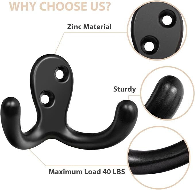 Homanu 10 Pack Coat Hooks, Heavy Duty Double Prong Coat Hooks Wall Mounted - Image 4