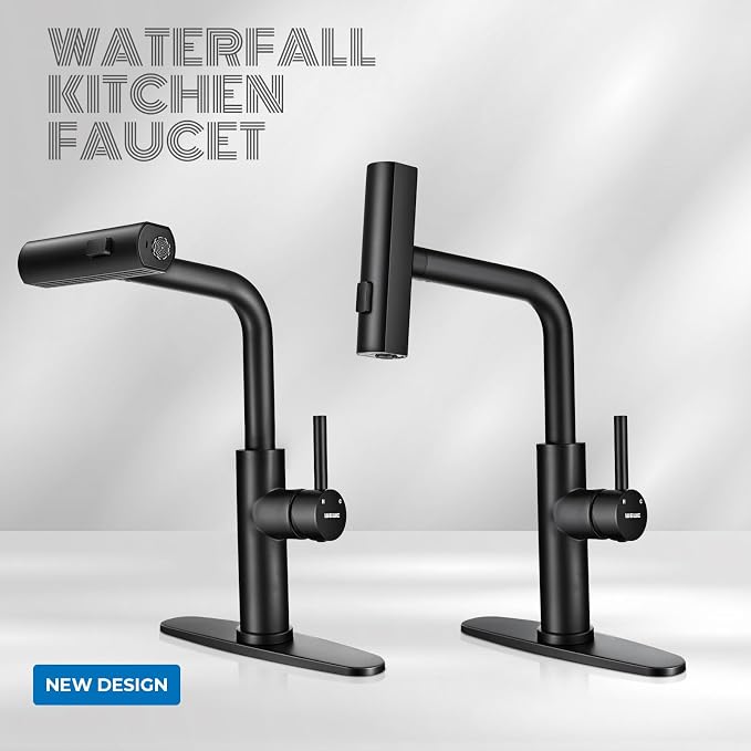 WEWE Waterfall Kitchen Faucet, Pull-Down Sprayer, Matte Black, 3-Mode | Stream - Image 2