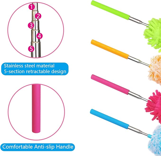 4 Pack 13" to 30" Extendable Feather Duster Kit, Washable Duster Head, - Image 3