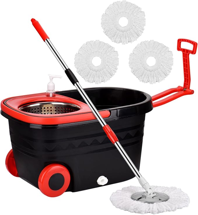 Spin Mop and Bucket with Wringer Set on Wheels, 3 Mop Refills by PULNDA