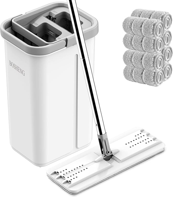 BOSHENG Mop and Bucket with Wringer Set, Hands Free Flat Floor Mop and Bucket by BOSHENG