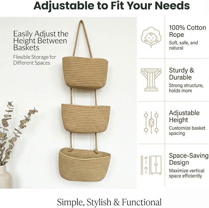 3-Tier Over the Door Hanging Basket, Cotton Rope Woven Decorative Hanging - Image 4