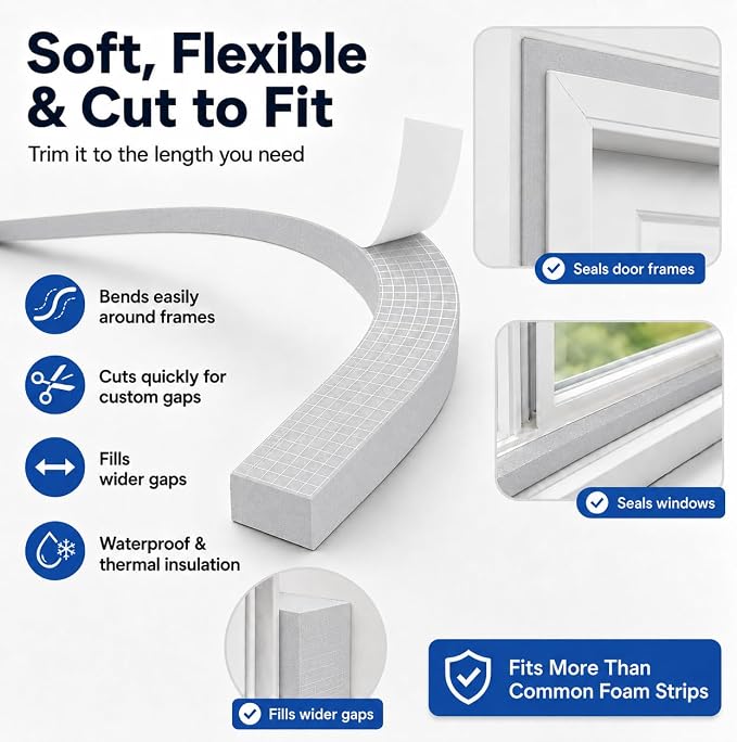1" x 1" EVA Foam Weather Stripping Tape, 6.5FT Self-Adhesive Foam Seal Strip - Image 3