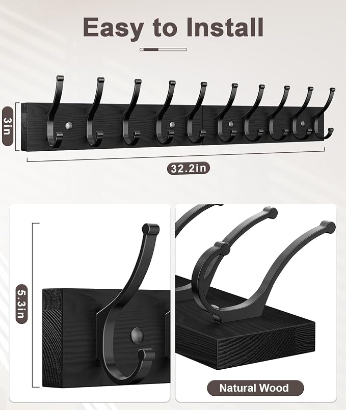 Optish 1 Pack Wooden Coat Rack Wall Mount, 16.1" Rustic Coat Hanger Hooks Wall - Image 2