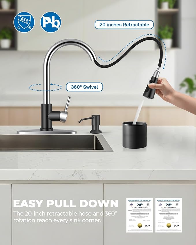 WEWE Kitchen Faucet with Soap Dispenser Set, 360° Swivel, SUS 304, 1- or 3-Hole - Image 3