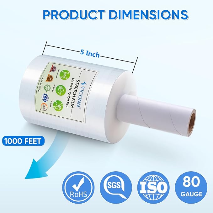 TICONN Stretch Wrap Stretch Film Roll, 1000ft Industrial Strength 5 inch Wide - Image 4