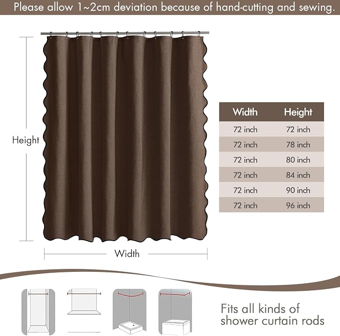 MIULEE 72"x90" Extra Long Scalloped Linen Shower Curtain Brown - Image 6