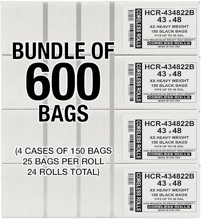 Aluf Plastics 56 Gallon 22 Micron Black Trash Bags 43" x 48" 600 Count - Image 2