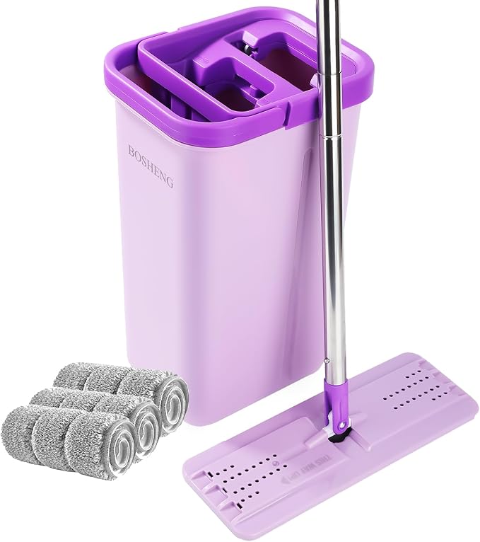BOSHENG Mop and Bucket with Wringer Set, Hands Free Flat Floor Mop and Bucket by BOSHENG