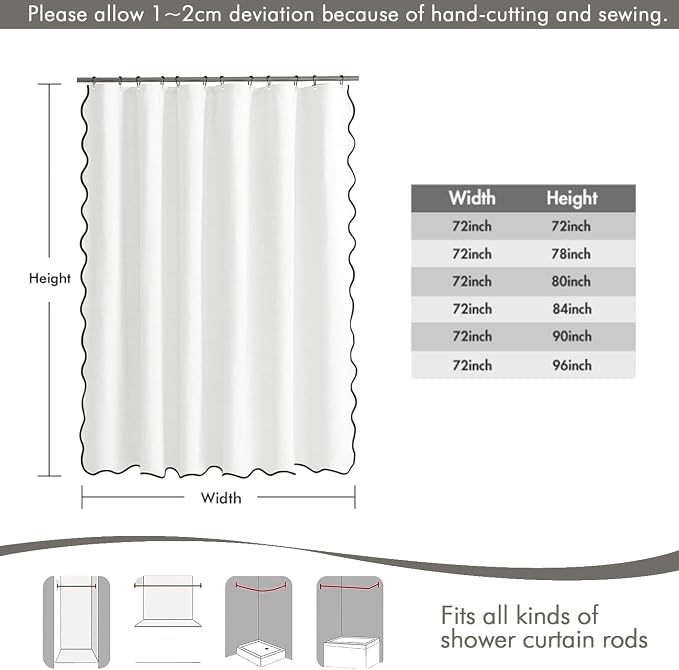 MIULEE 72"x90" Extra Long Scalloped Polyester Shower Curtain White - Image 6