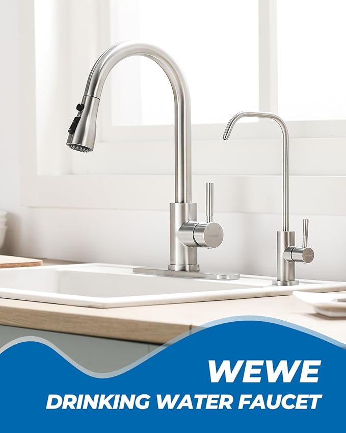 WEWE RO Drinking Water Faucet, Brushed Nickel, 1/4" & 3/8" Connectors | - Image 2