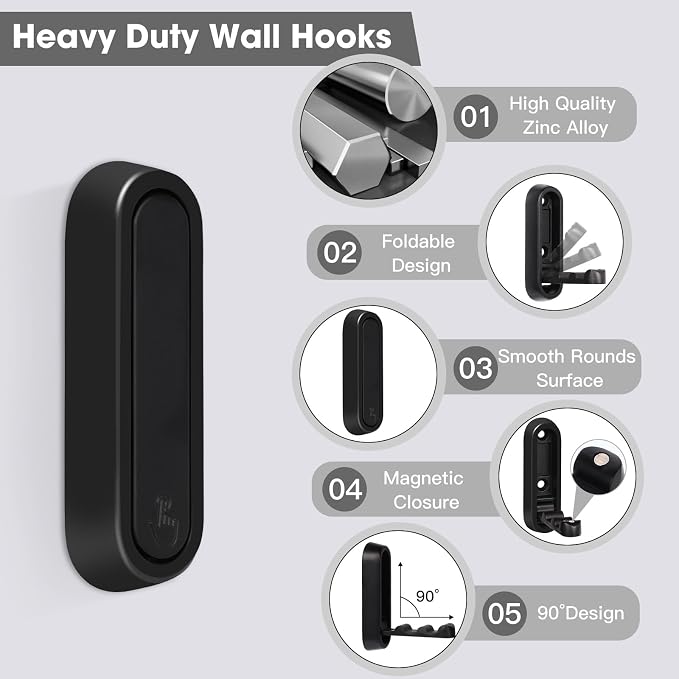 Foldable Wall Hook, 4 Pack, Screw Mounted, Heavy Duty Coat Hooks | 90° Foldable - Image 2