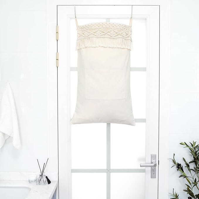 Mkono Macrame Over The Door Laundry Hamper, Hanging Laundry Bag - Image 4