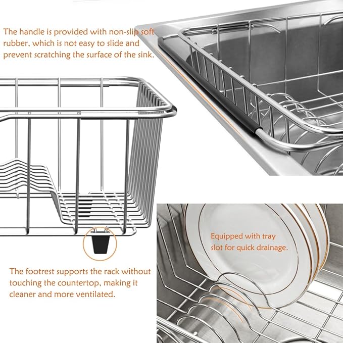 NiuYichee Stainless Steel Dish Drying Rack, Expandable Fruit & Vegetable Drain - Image 8