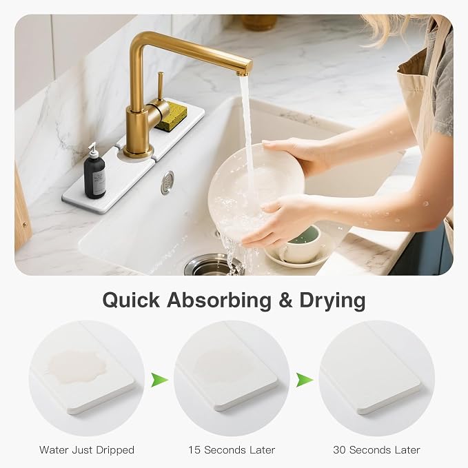 Premium Stone Faucet Mat for Kitchen Sink, 15.8" x 4" White | Quick Drying & - Image 4