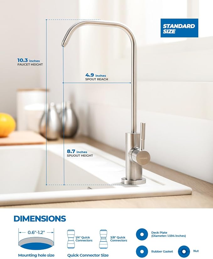 WEWE RO Drinking Water Faucet, Brushed Nickel, 1/4" & 3/8" Connectors | - Image 5