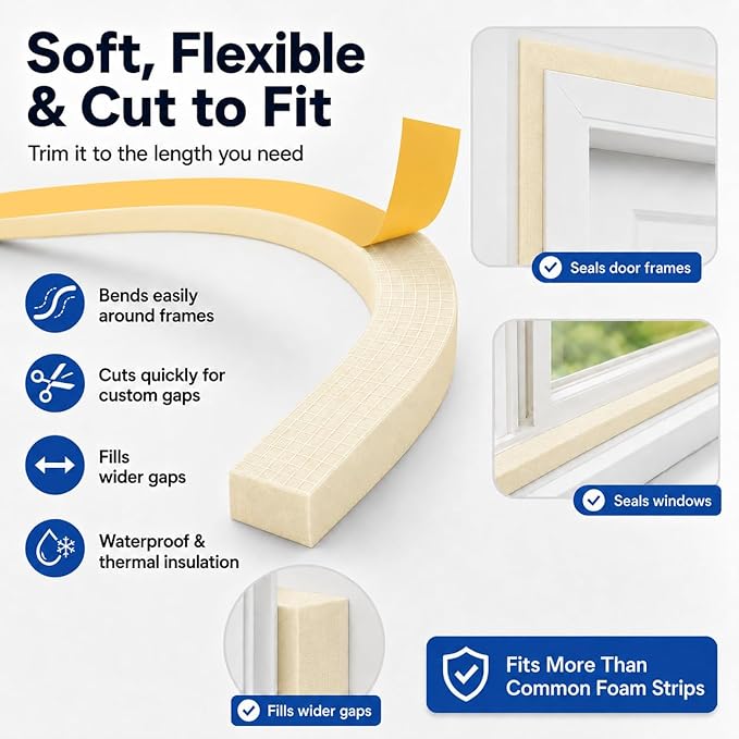1" x 2" EVA Foam Weather Stripping Tape, 6.5FT Self-Adhesive Foam Seal Strip - Image 3