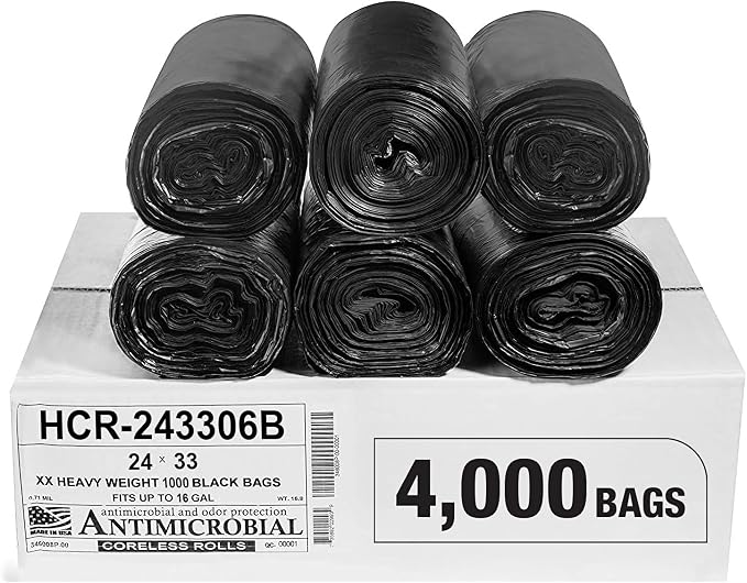 Aluf Plastics 16 Gallon 6 Micron Black Trash Bags 24" x 33" 4000 Count by AlufPlastics