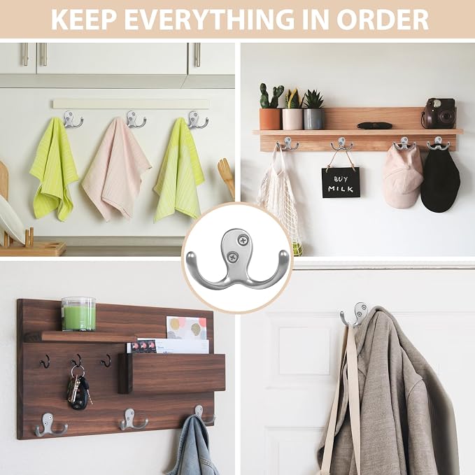 Homanu 34 Pack Coat Hooks, Heavy Duty Double Prong Coat Hooks Wall Mounted - Image 2