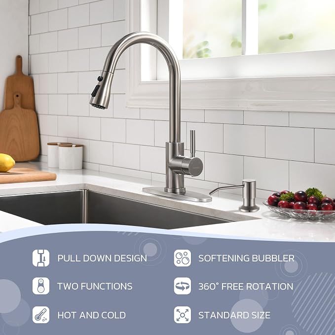 WEWE Kitchen Faucet with Soap Dispenser, Pull-Down Sprayer, Brushed Nickel | - Image 2