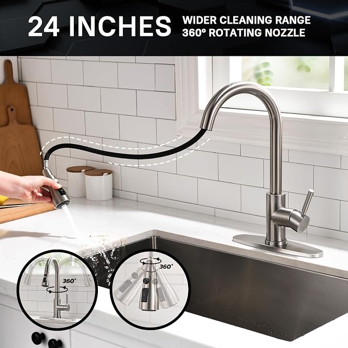 WEWE Pull-Down Kitchen Faucet, 3-Mode Sprayer, Brushed Nickel, 2 Set | 360° - Image 3