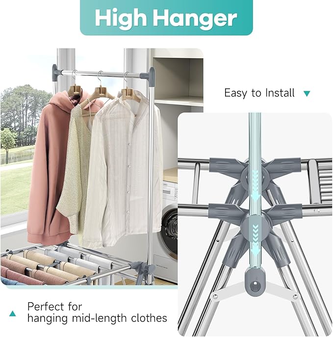 Clothes Drying Rack with High Hanger, 3-Level Drying Racks | Foldable Laundry - Image 5