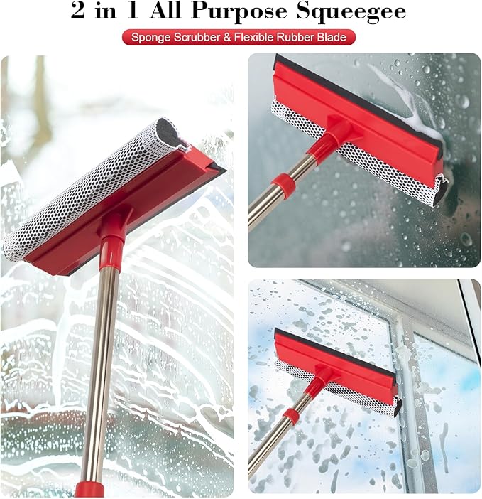 Window Squeegee with 15.7"-27.5" Retractable Stainless Steel Handle, 2-in-1 - Image 6