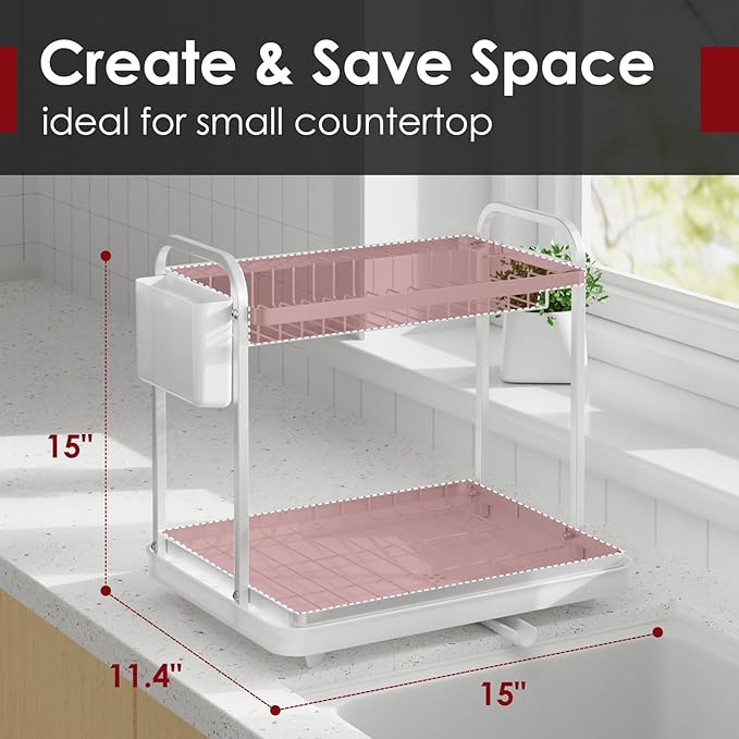 Sakugi Dish Drying Rack 2-Tier 15: x11.4" x15" White Double Rod | Kitchen - Image 2
