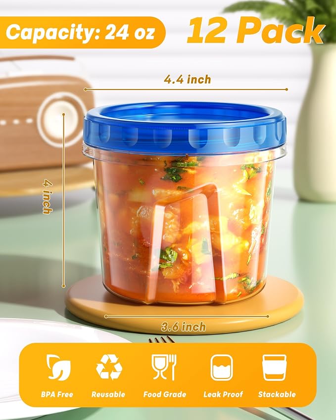 BiuLeon 12 Pack-24 oz Freezer Storage Containers, Airtight Twist Top Lids Food - Image 2
