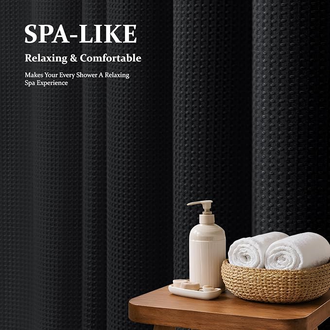 Dynamene Extra Wide Waffle Shower Curtain 256 GSM Fabric 84x72 Black - Image 3