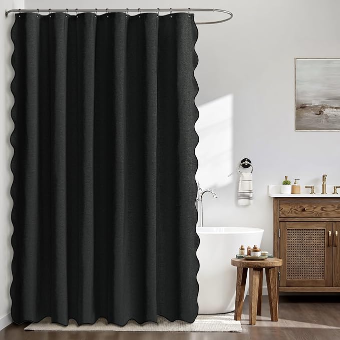 MIULEE Black Scalloped Linen Shower Curtain 72x72 Inches - Image 2
