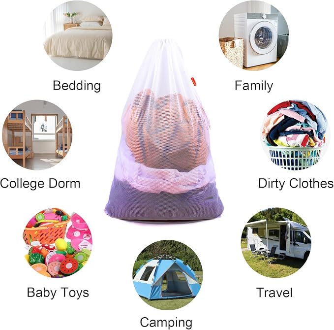 2 Pack Mesh Laundry Bags 24 x 36 Inches Drawstring Bag Black&White - Image 3