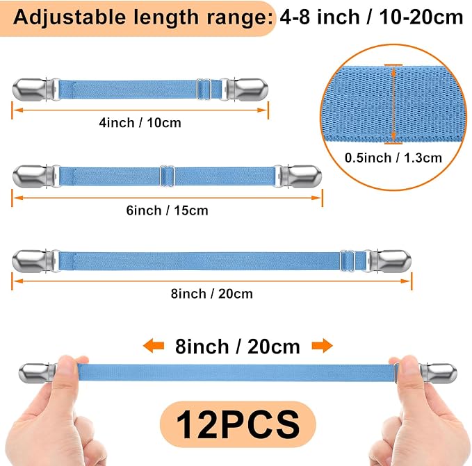 Boao 12 Pcs Bedsheet Strap Elastic Clip, Sky Blue, 4-8 Inch Length | Sturdy - Image 2