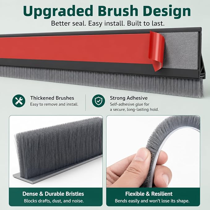 Door Draft Stopper with Brush, 1 Pack | Self Adhesive Weather Stripping - Image 5