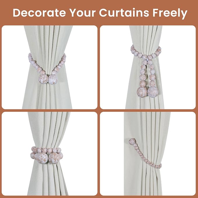 KLOGTSIND Magnetic Curtain Tiebacks, 2 Pack Wood Bead Curtain Holdbacks - Image 4